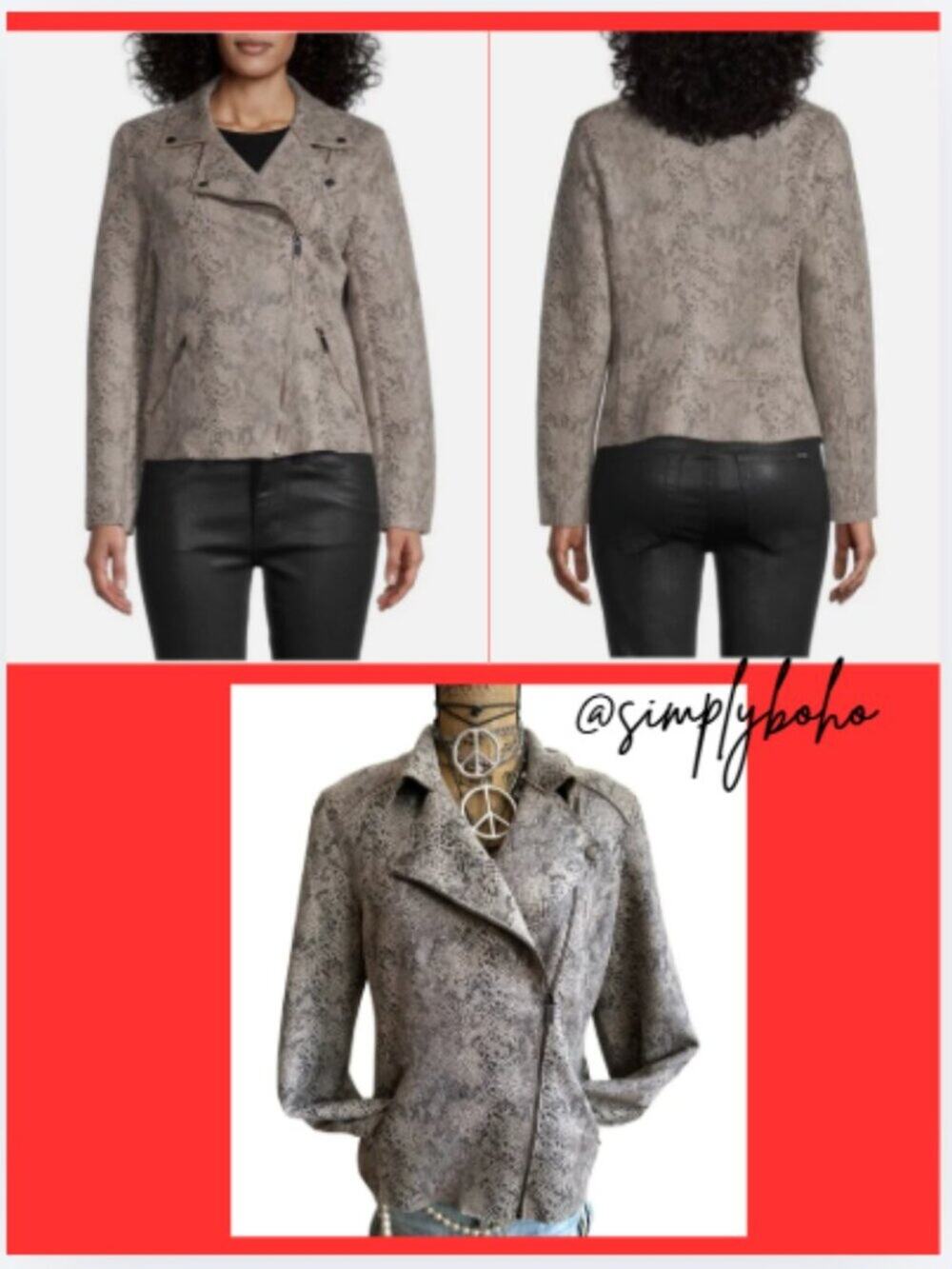 Catherine Malandrino Gray Snake-Print Moto Jacket